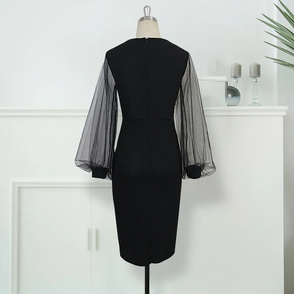 African Mesh Sleeve Black Dress Summer Elegant Office Lady Dinner Midi Dresses Robe 2020 Plus Size 2xl