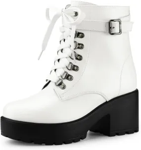 Allegra K Women's Zip Chunky Heel Platform Ankle Combat Boots