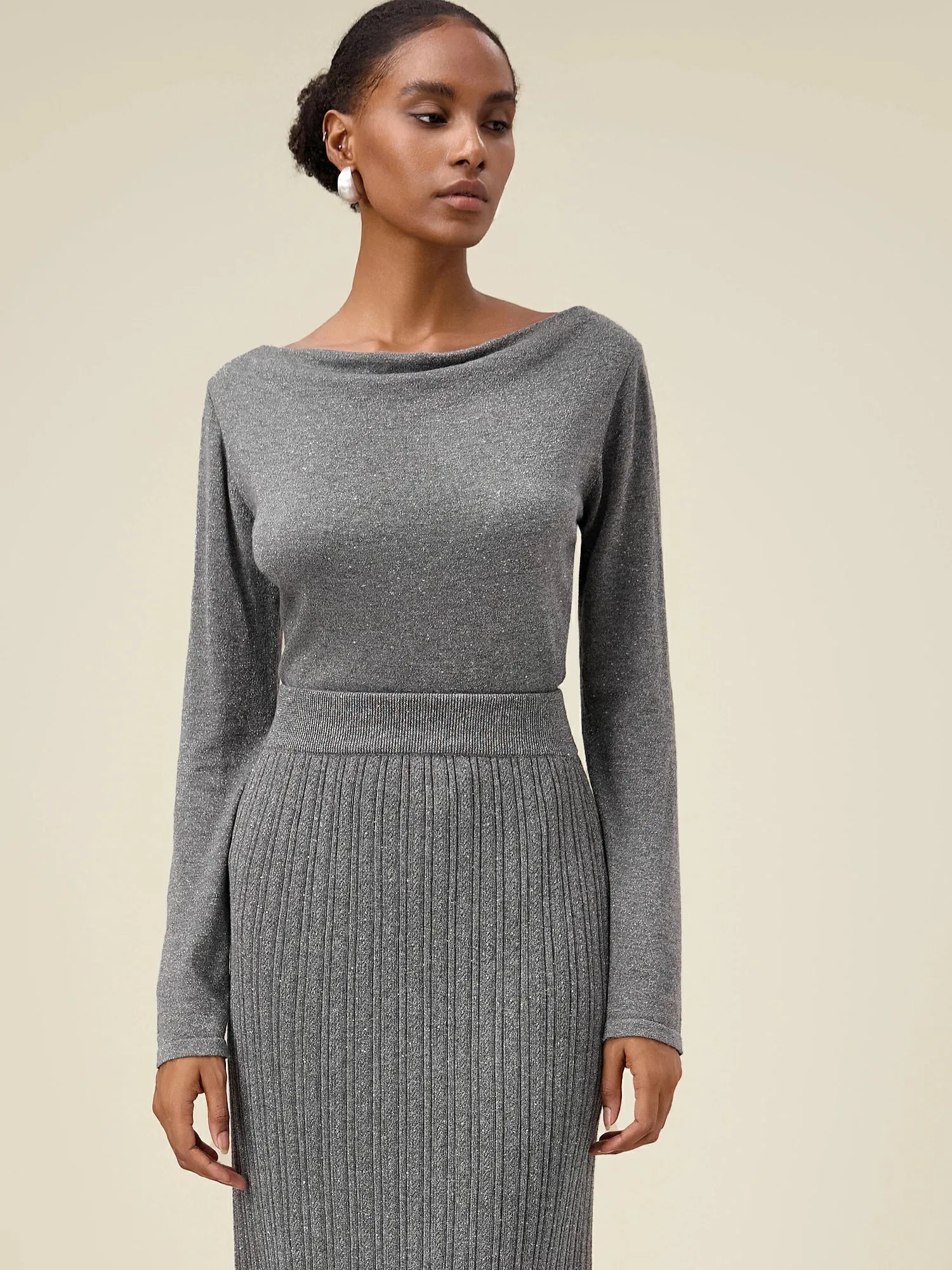 Amoretu Women's Wool Irregular Collar Gold Silver Yarn Knitted Sweater