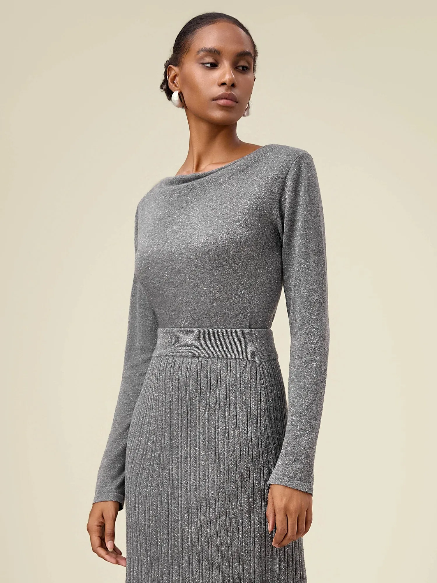 Amoretu Women's Wool Irregular Collar Gold Silver Yarn Knitted Sweater