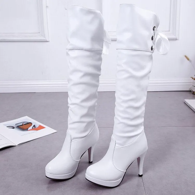 Autumn and Winter New Korean Style High Heel Women's over the Knee Boots Lace up Casual Women's Martin Boots