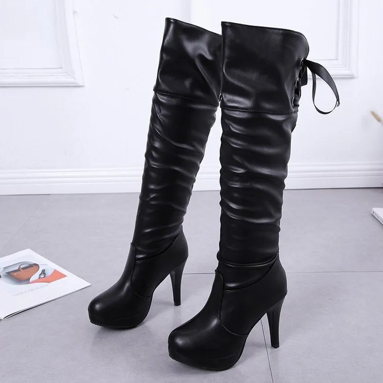 Autumn and Winter New Korean Style High Heel Women's over the Knee Boots Lace up Casual Women's Martin Boots