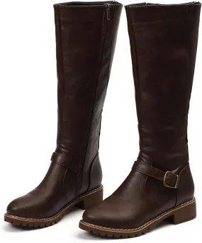 Bcshiye Women's Knee High Riding Boots Wide Calf Knee High Flat Low Heel Zipper Buckle Fashion Motorcycle Boots