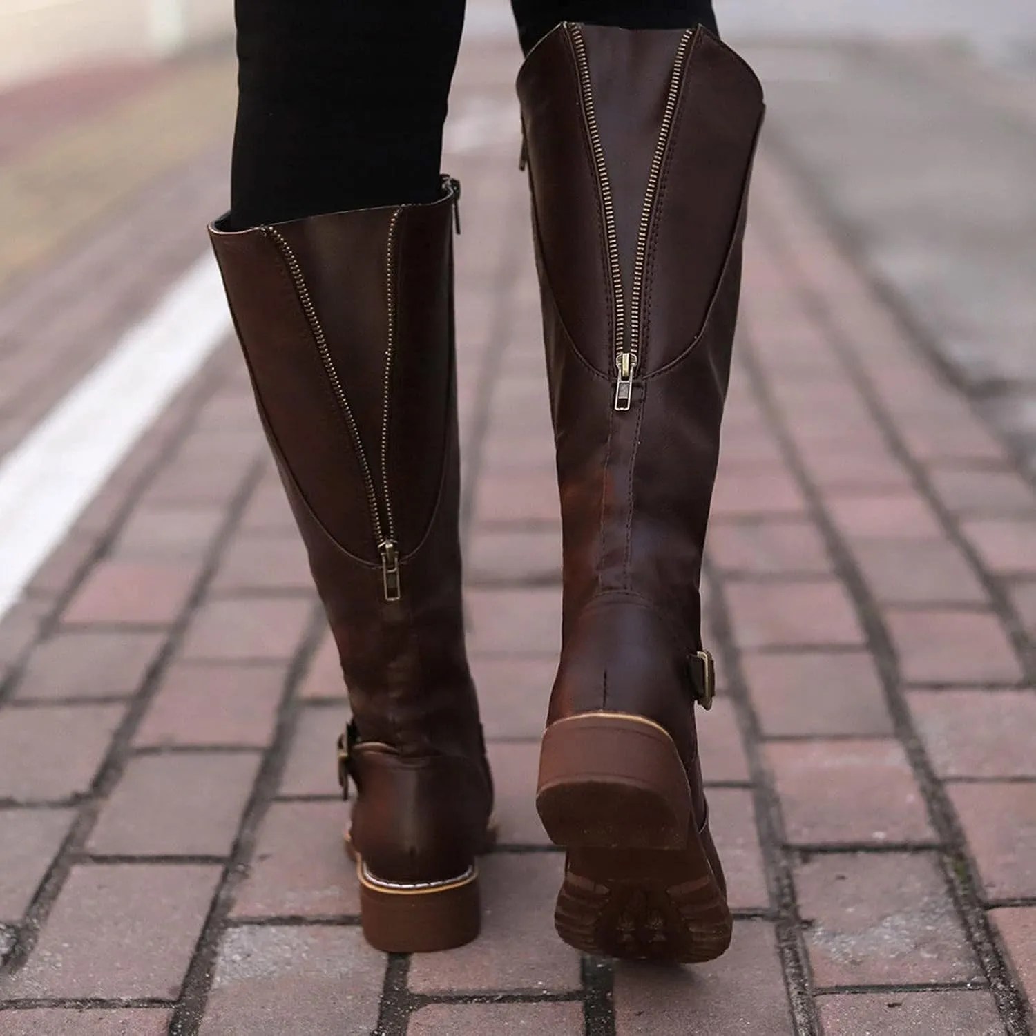 Bcshiye Women's Knee High Riding Boots Wide Calf Knee High Flat Low Heel Zipper Buckle Fashion Motorcycle Boots