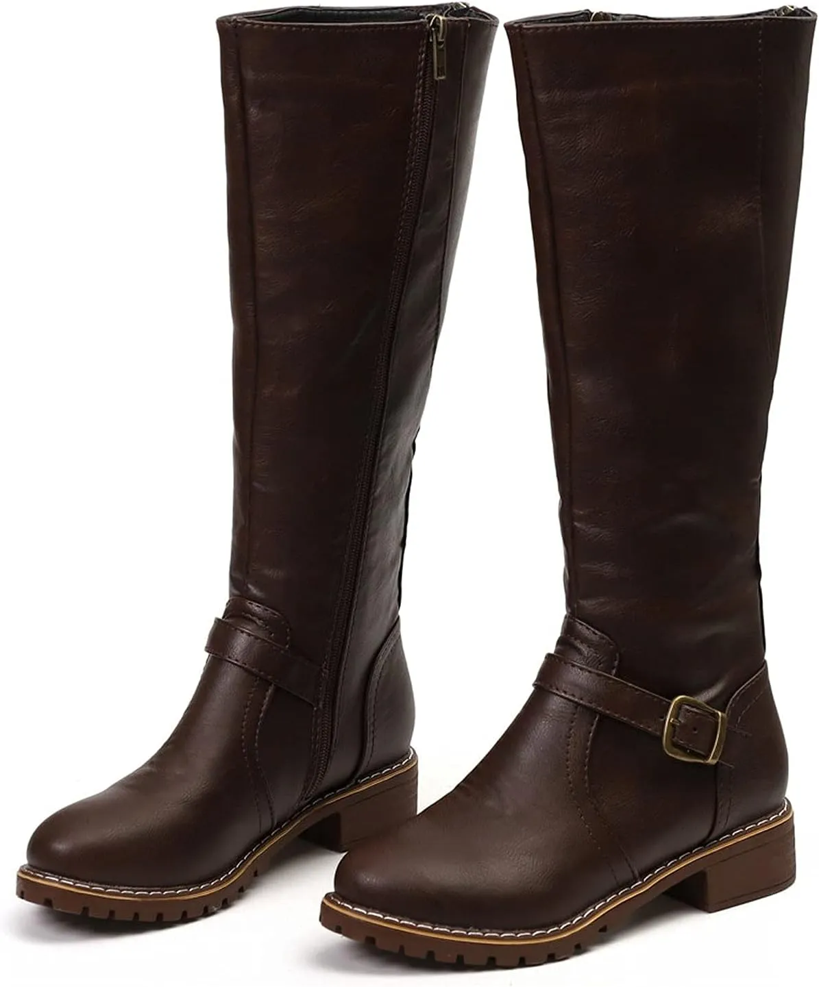 Bcshiye Women's Knee High Riding Boots Wide Calf Knee High Flat Low Heel Zipper Buckle Fashion Motorcycle Boots
