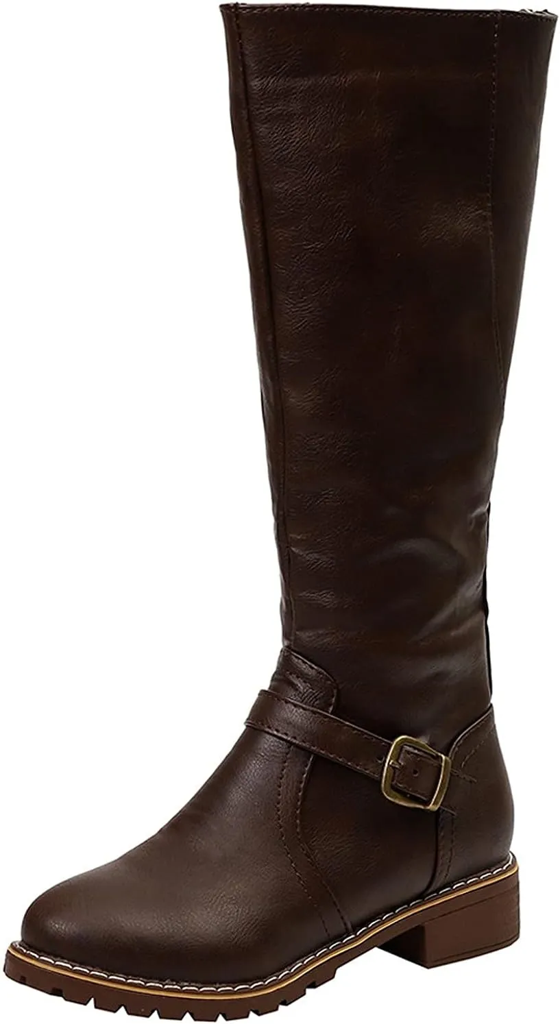 Bcshiye Women's Knee High Riding Boots Wide Calf Knee High Flat Low Heel Zipper Buckle Fashion Motorcycle Boots