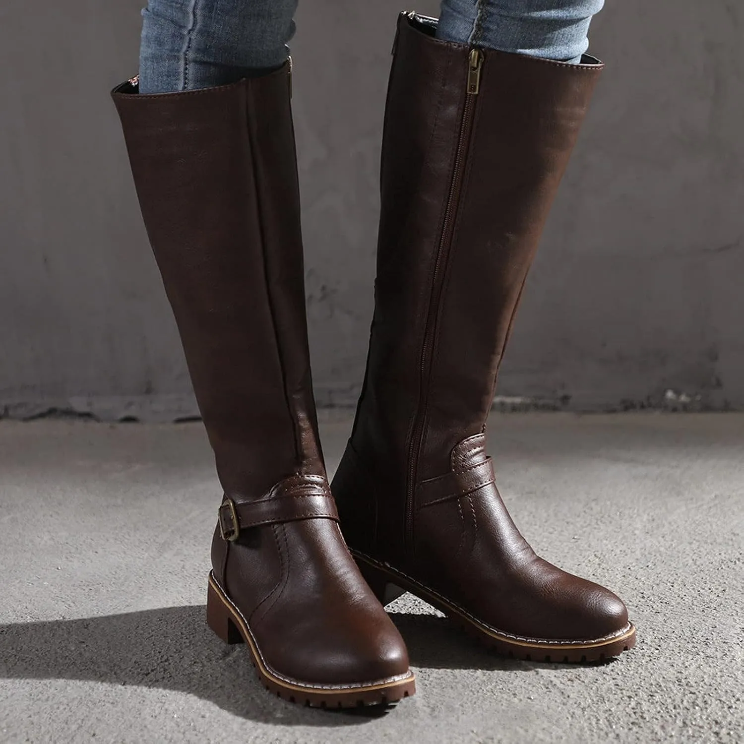 Bcshiye Women's Knee High Riding Boots Wide Calf Knee High Flat Low Heel Zipper Buckle Fashion Motorcycle Boots