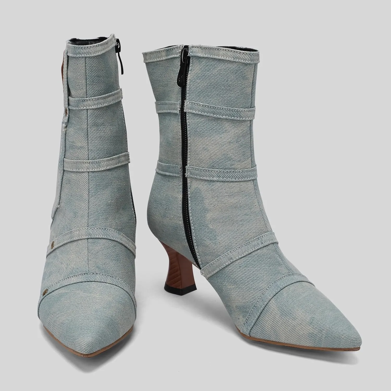 BEAUPAS Women's Denim Kitten Heel Boots Pointed Toe Low Heel Ankle Boots Chunky Vintage Zip Shoes