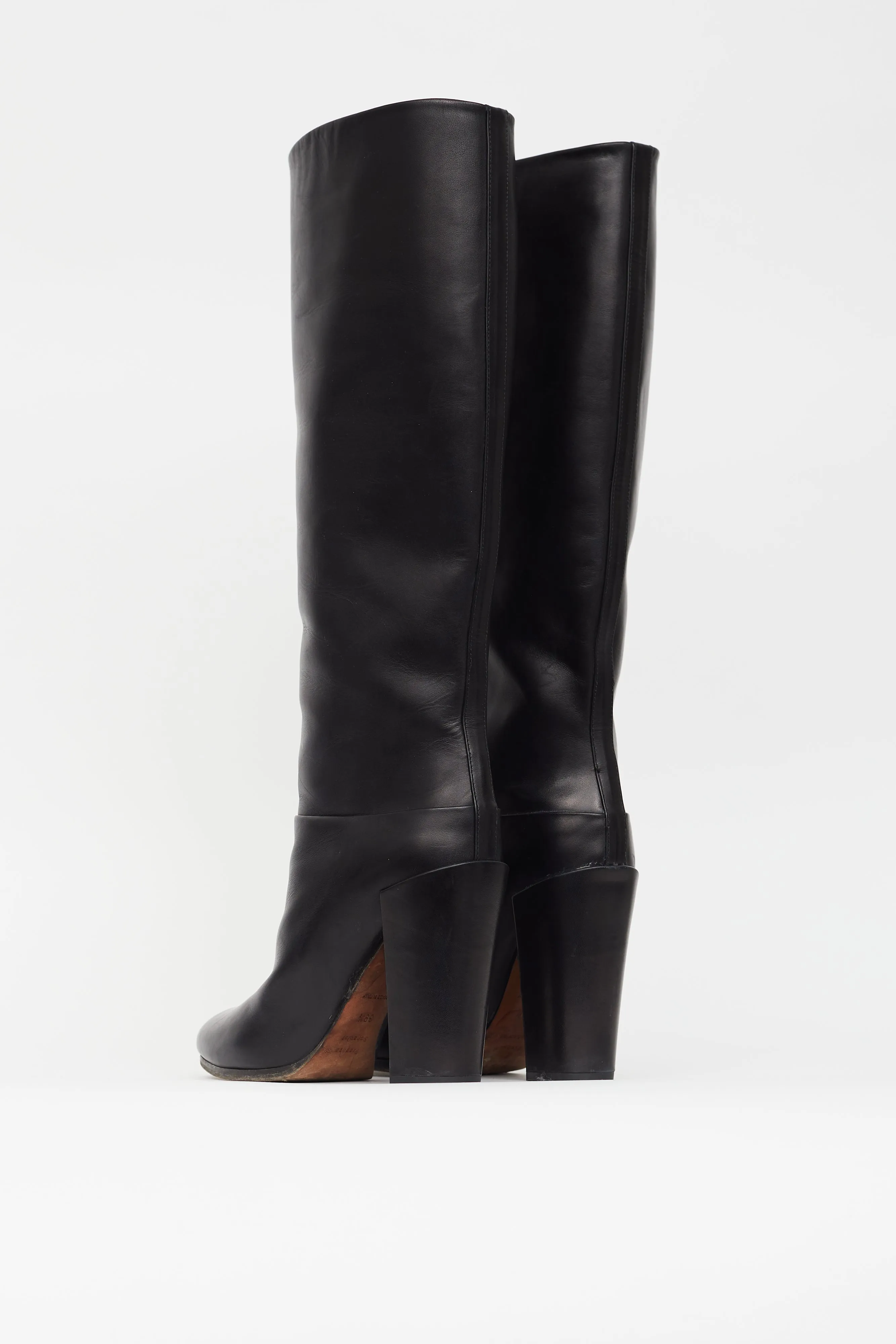 Black Leather Knee High Heeled Boot