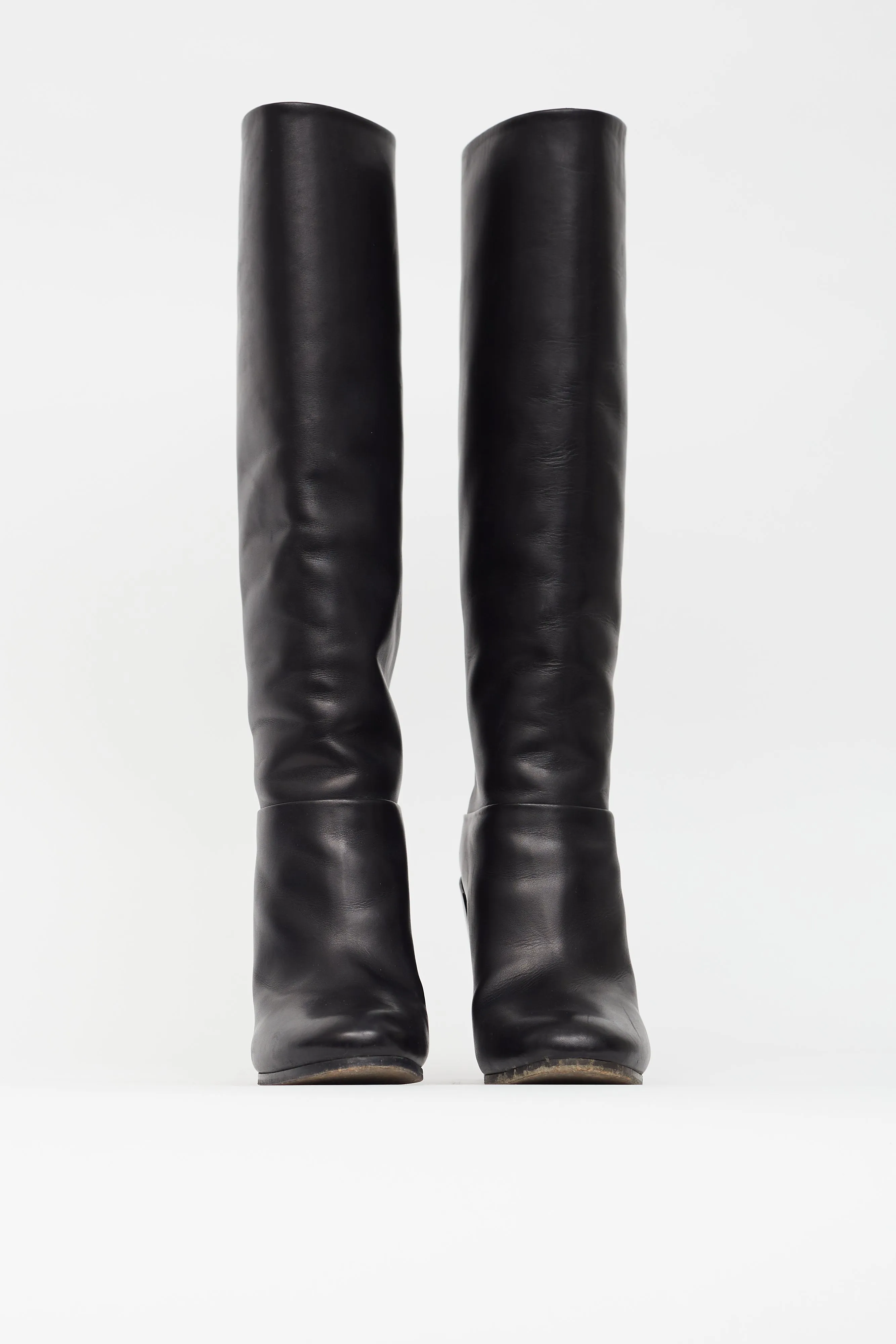 Black Leather Knee High Heeled Boot
