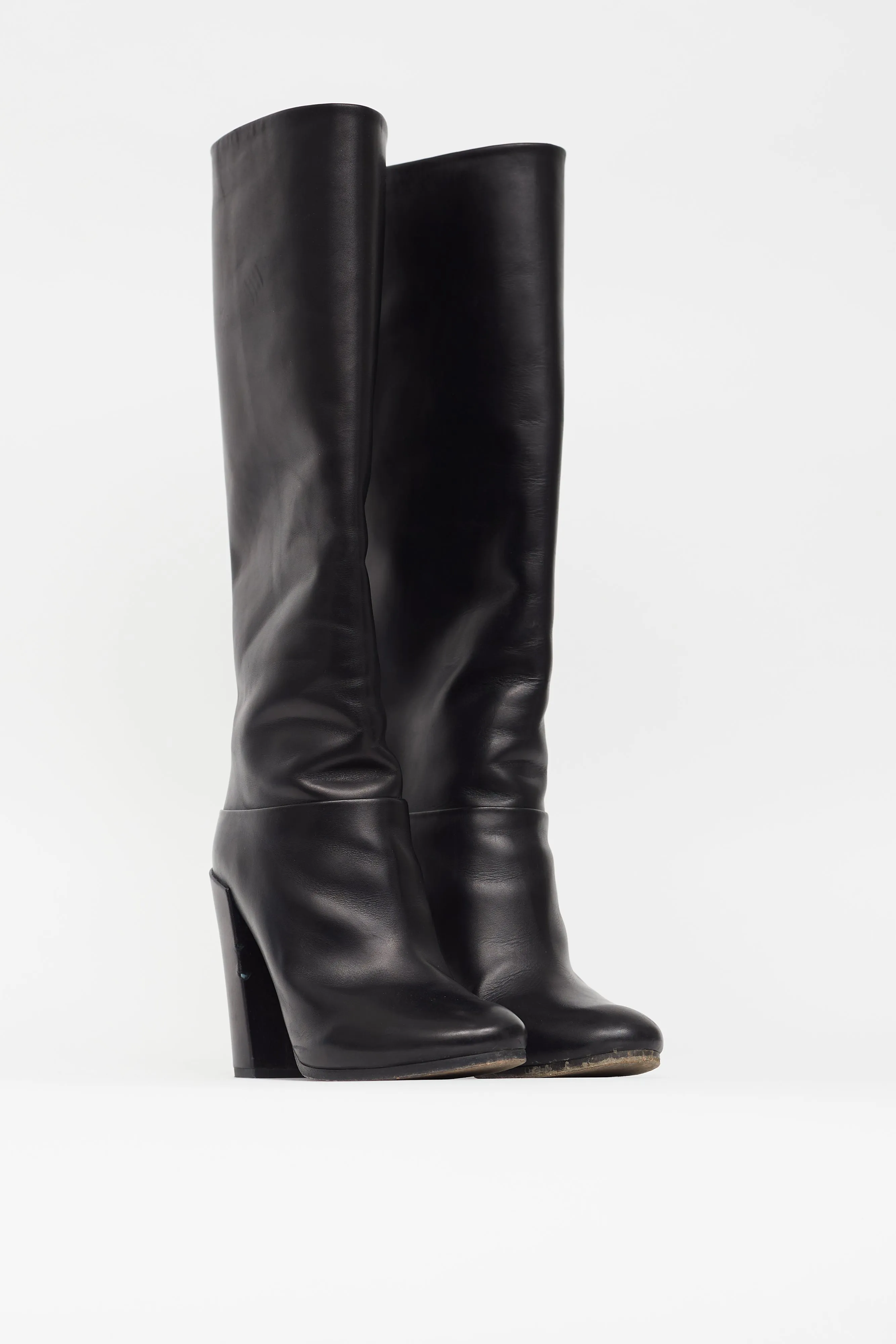 Black Leather Knee High Heeled Boot
