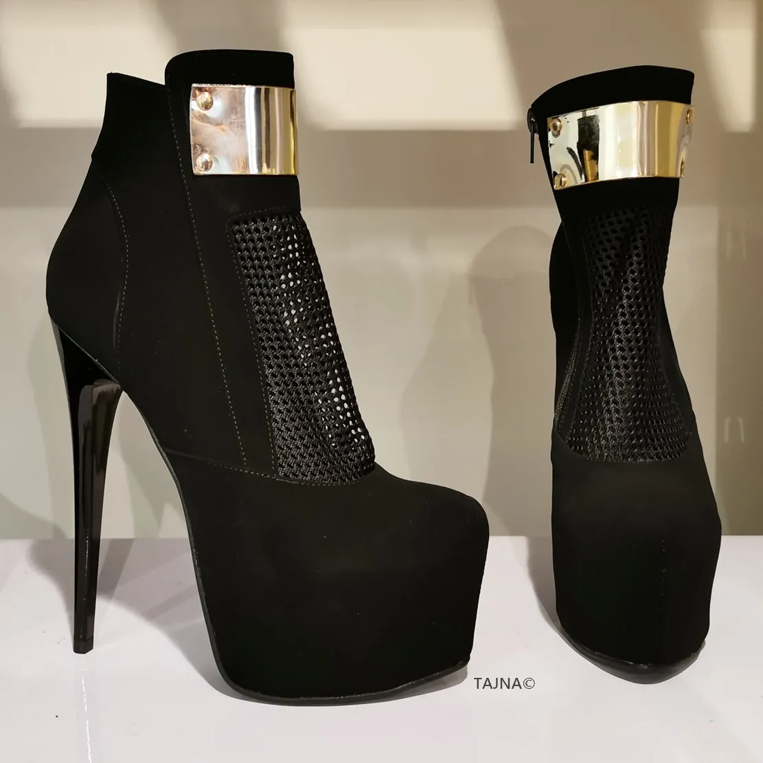 Black Suede Golden Fishnet Booties