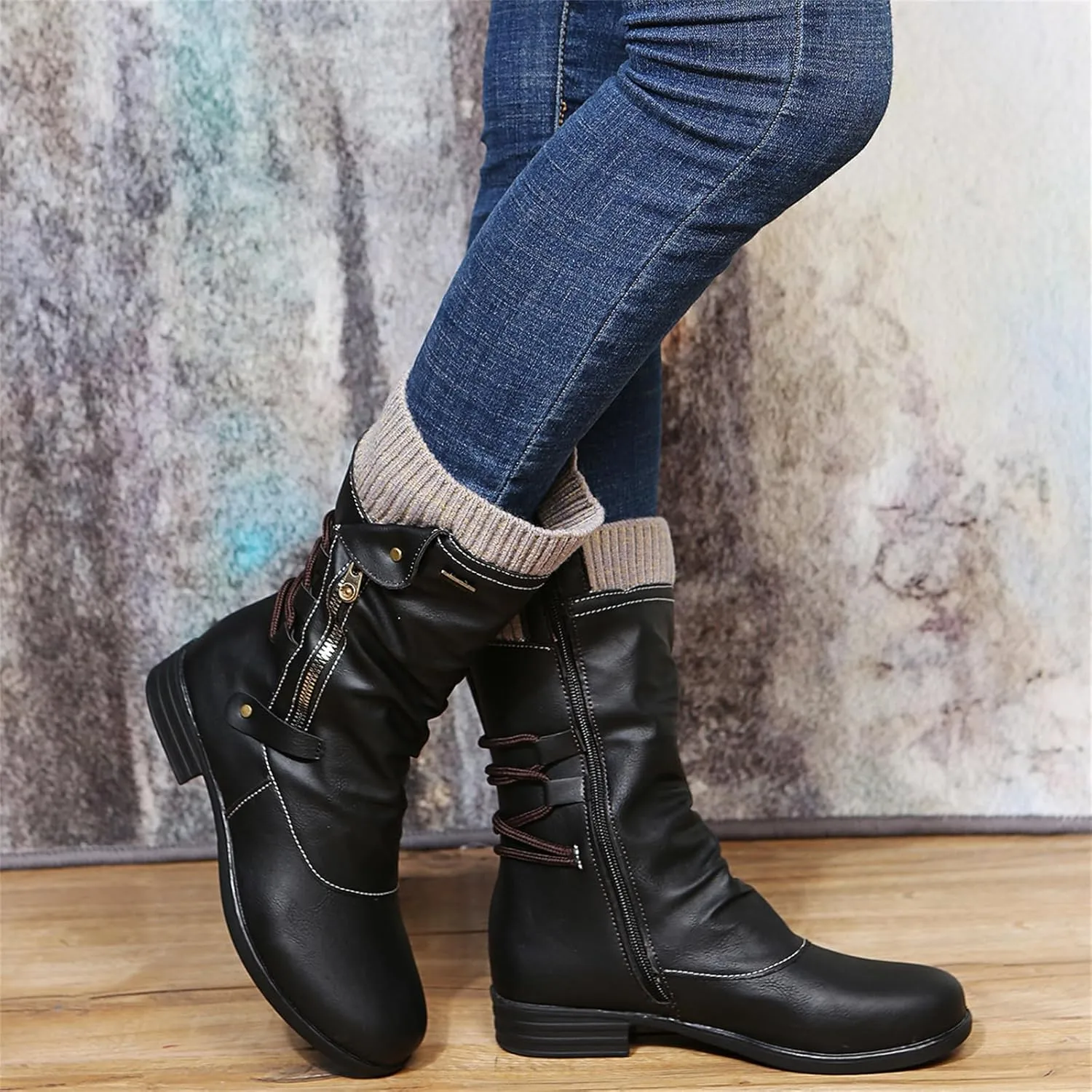 Boots For Women Wide Calf Winter Mid Calf Military Combat Boots Side Zipper Low Heel Biker Motorcycle Riding Dress Boots