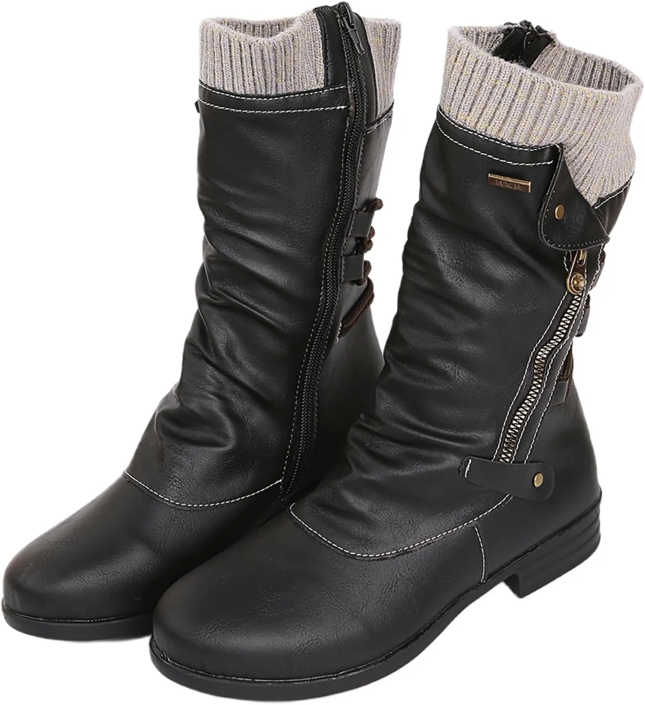 Boots For Women Wide Calf Winter Mid Calf Military Combat Boots Side Zipper Low Heel Biker Motorcycle Riding Dress Boots