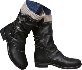 Boots For Women Wide Calf Winter Mid Calf Military Combat Boots Side Zipper Low Heel Biker Motorcycle Riding Dress Boots