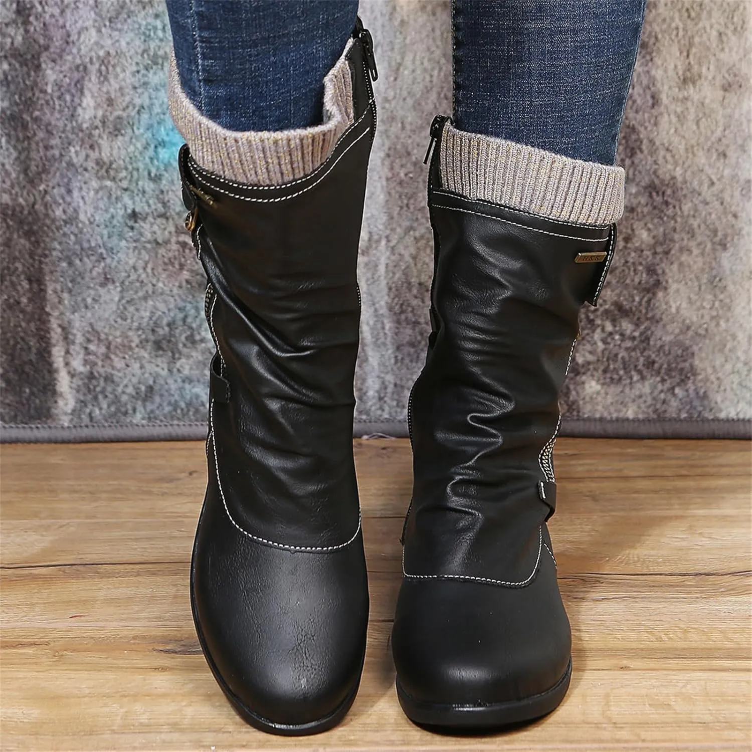 Boots For Women Wide Calf Winter Mid Calf Military Combat Boots Side Zipper Low Heel Biker Motorcycle Riding Dress Boots