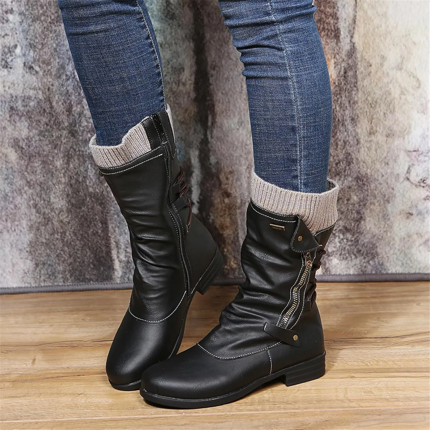 Boots For Women Wide Calf Winter Mid Calf Military Combat Boots Side Zipper Low Heel Biker Motorcycle Riding Dress Boots