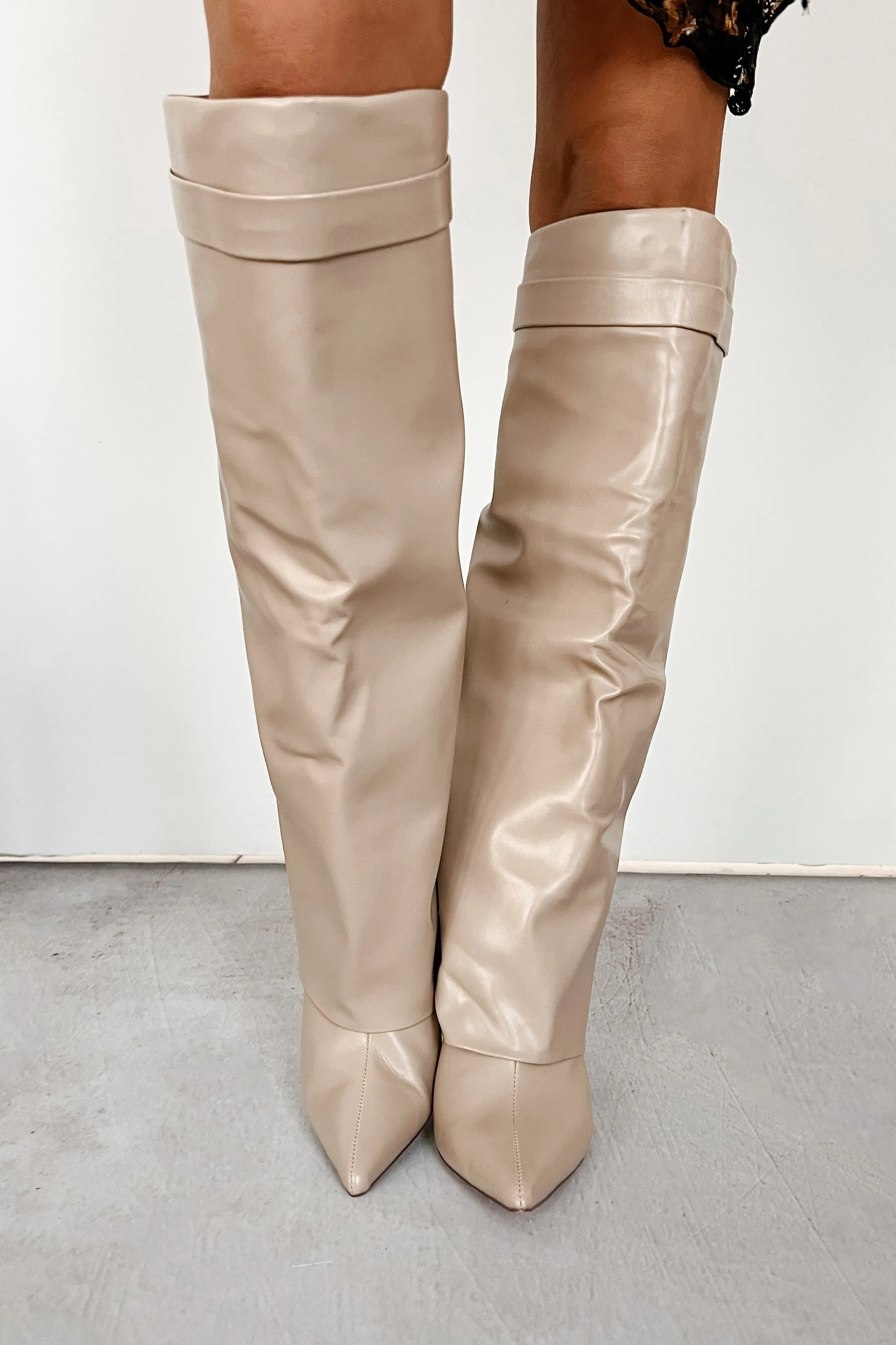 Business Moves Fold Over Knee High Boots (Cream Pu)
