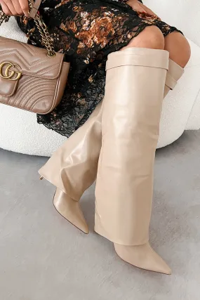 Business Moves Fold Over Knee High Boots (Cream Pu)