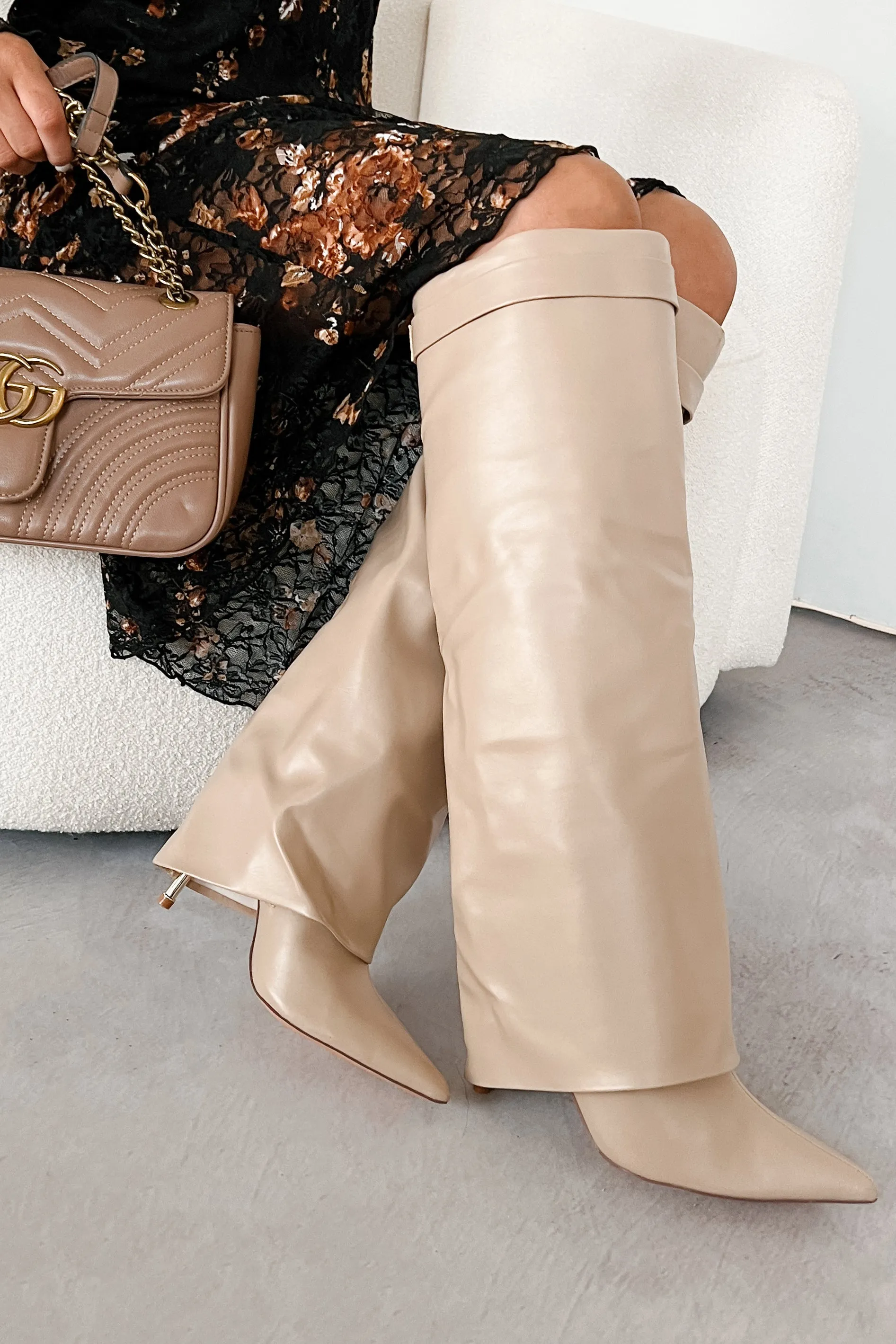Business Moves Fold Over Knee High Boots (Cream Pu)