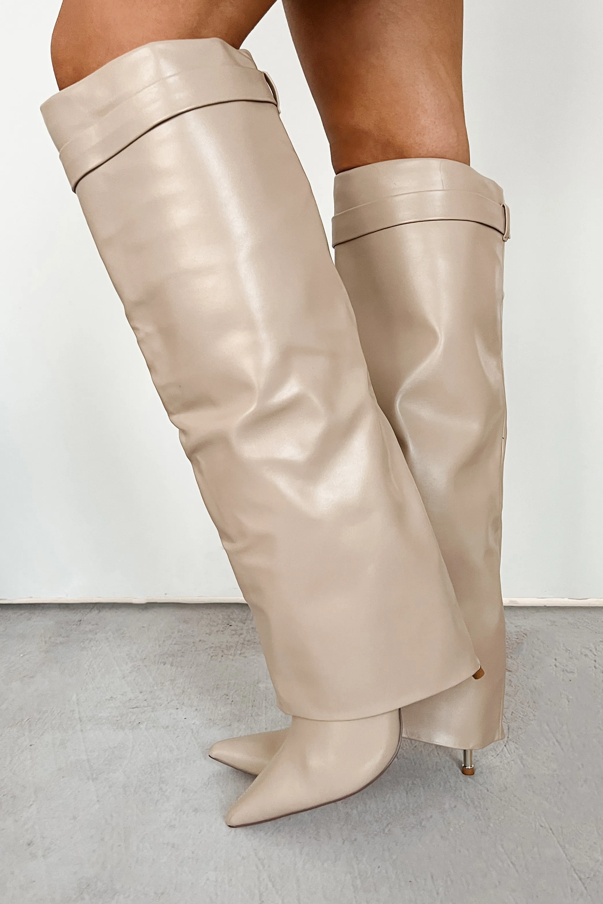 Business Moves Fold Over Knee High Boots (Cream Pu)