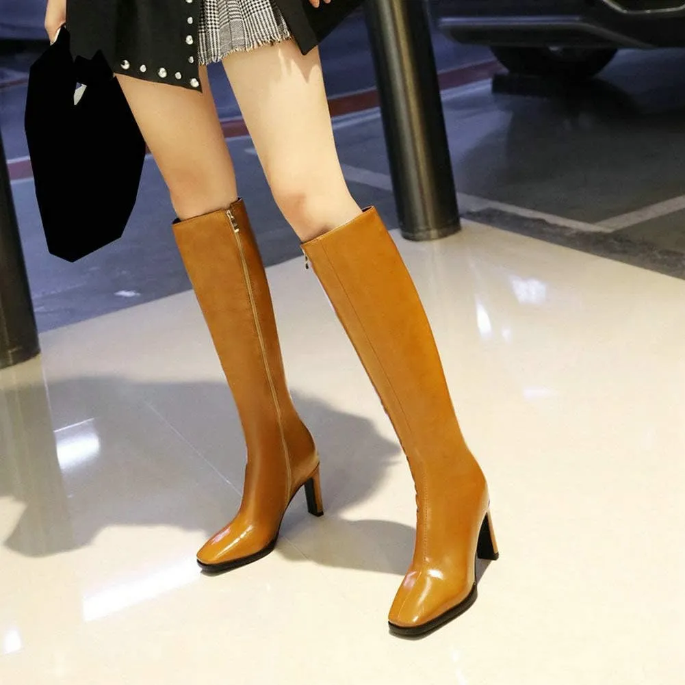 Caradise Womens Zip Up Square Toe High Chunky Heel Knee High Heeled Boots