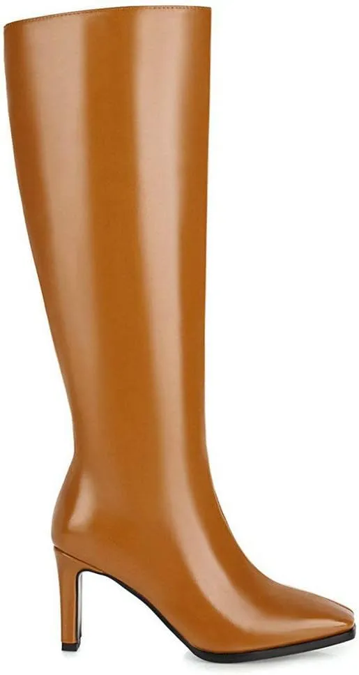 Caradise Womens Zip Up Square Toe High Chunky Heel Knee High Heeled Boots