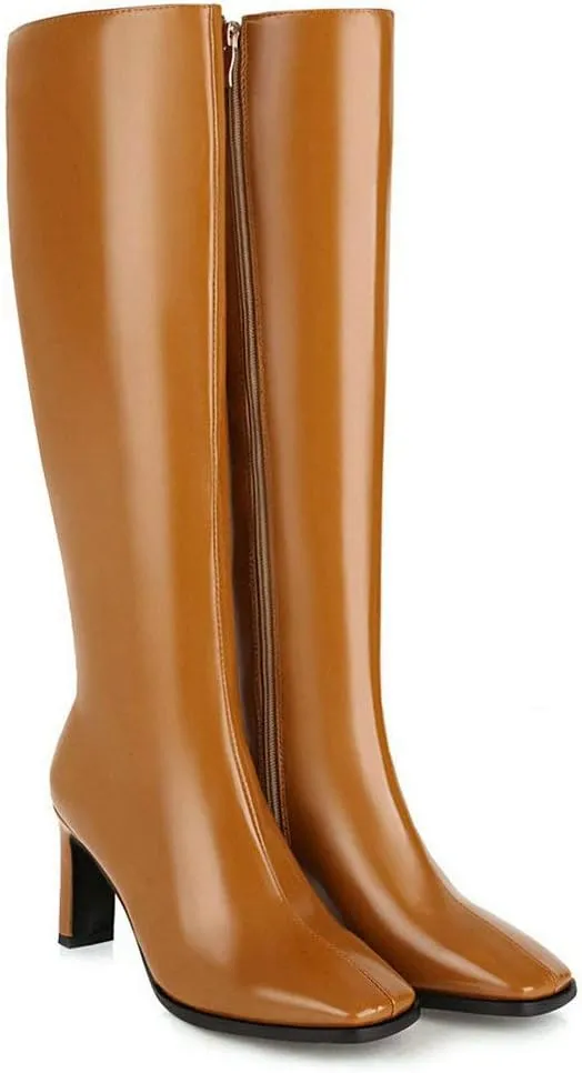 Caradise Womens Zip Up Square Toe High Chunky Heel Knee High Heeled Boots