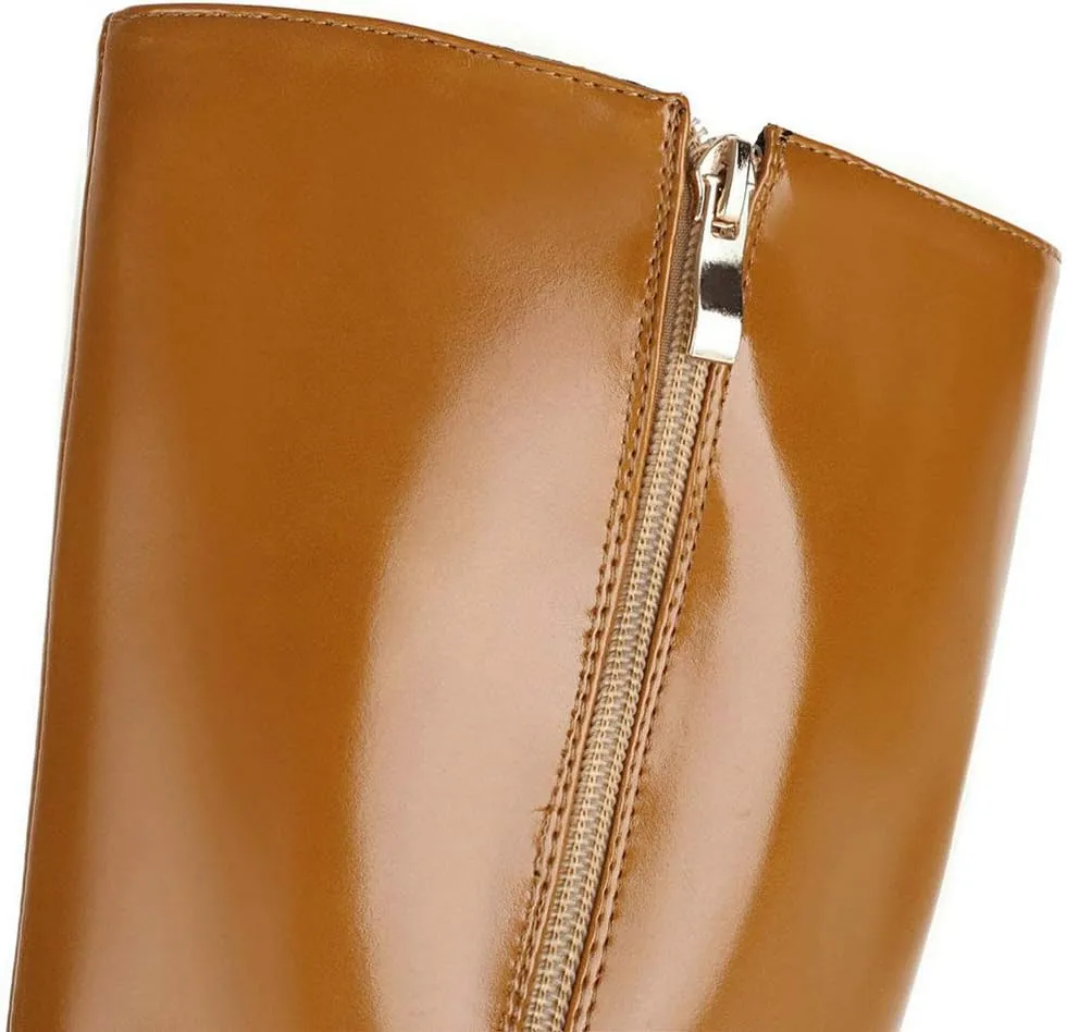 Caradise Womens Zip Up Square Toe High Chunky Heel Knee High Heeled Boots