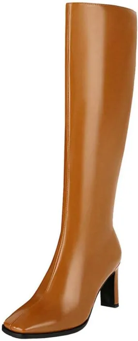 Caradise Womens Zip Up Square Toe High Chunky Heel Knee High Heeled Boots