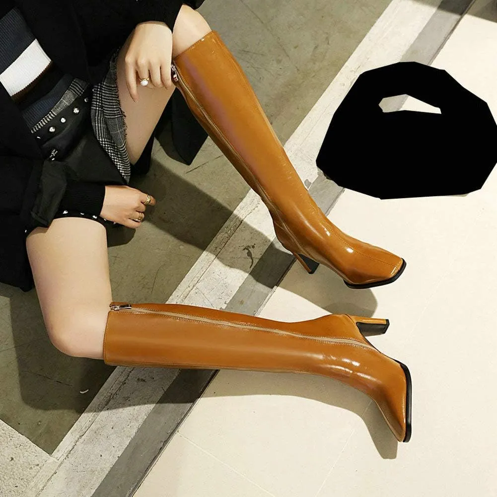 Caradise Womens Zip Up Square Toe High Chunky Heel Knee High Heeled Boots