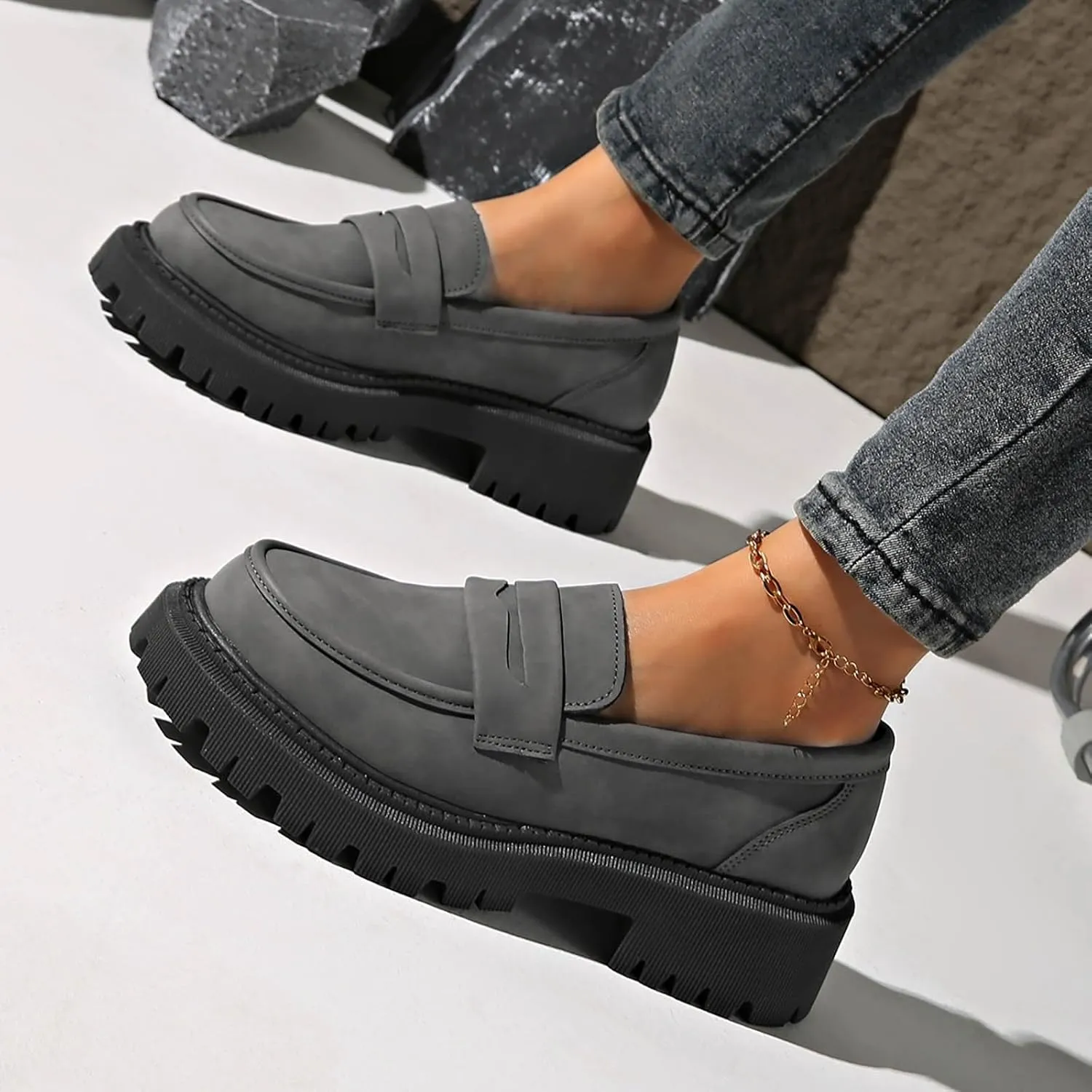 Chunky Loafers Women Slip-On Business Shoes Comfortable Work Shoes Casual Platform Loafers Leather Penny Loafers