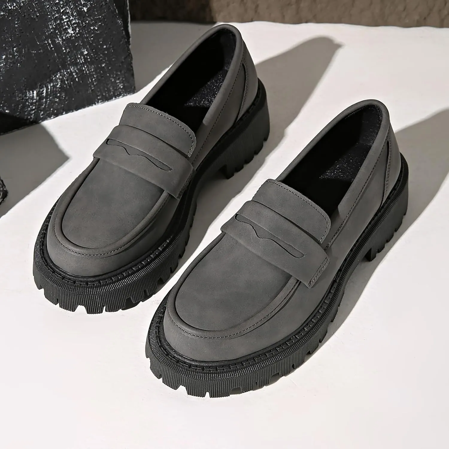Chunky Loafers Women Slip-On Business Shoes Comfortable Work Shoes Casual Platform Loafers Leather Penny Loafers