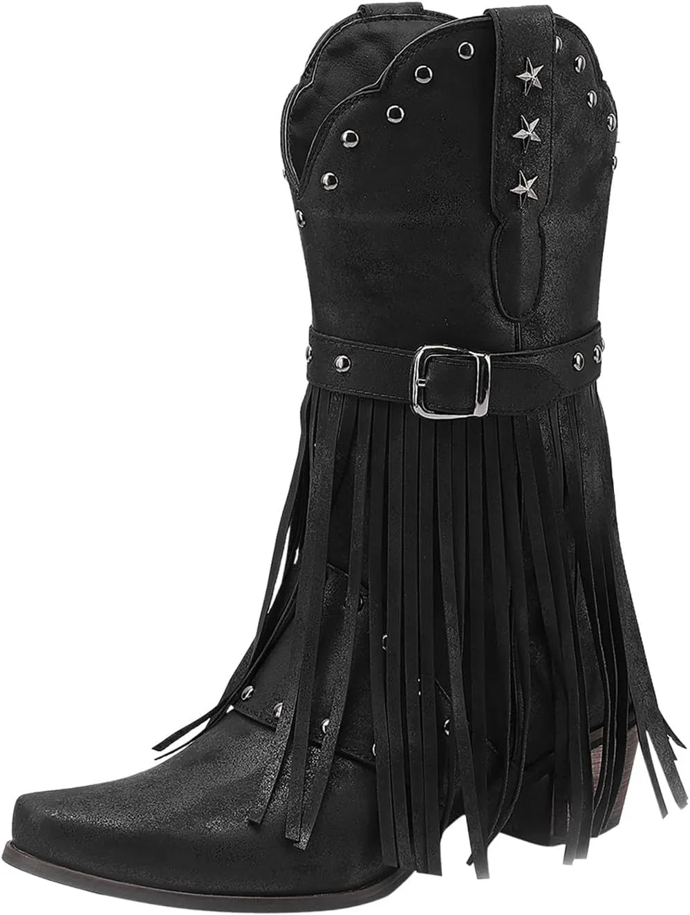 Cowboy Boots for Women Mid Calf Fringe Cowgirl Boots Fringe Western Low Heel Boots Wide Calf Riding Cowboy Boots