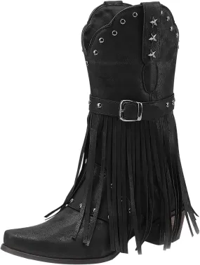 Cowboy Boots for Women Mid Calf Fringe Cowgirl Boots Fringe Western Low Heel Boots Wide Calf Riding Cowboy Boots