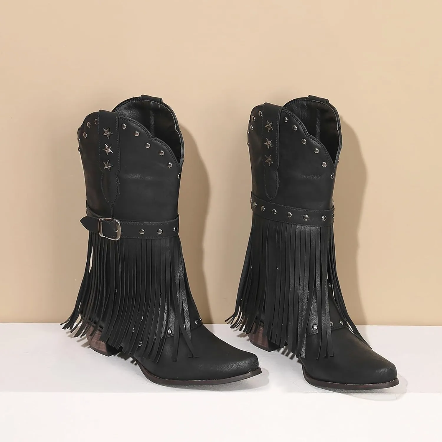 Cowboy Boots for Women Mid Calf Fringe Cowgirl Boots Fringe Western Low Heel Boots Wide Calf Riding Cowboy Boots