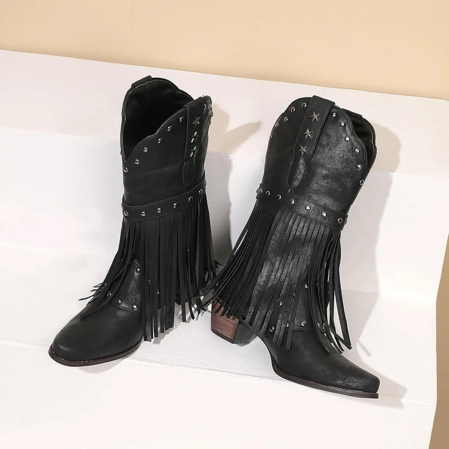 Cowboy Boots for Women Mid Calf Fringe Cowgirl Boots Fringe Western Low Heel Boots Wide Calf Riding Cowboy Boots