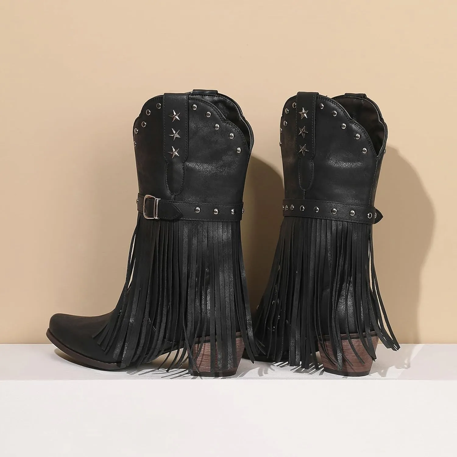 Cowboy Boots for Women Mid Calf Fringe Cowgirl Boots Fringe Western Low Heel Boots Wide Calf Riding Cowboy Boots