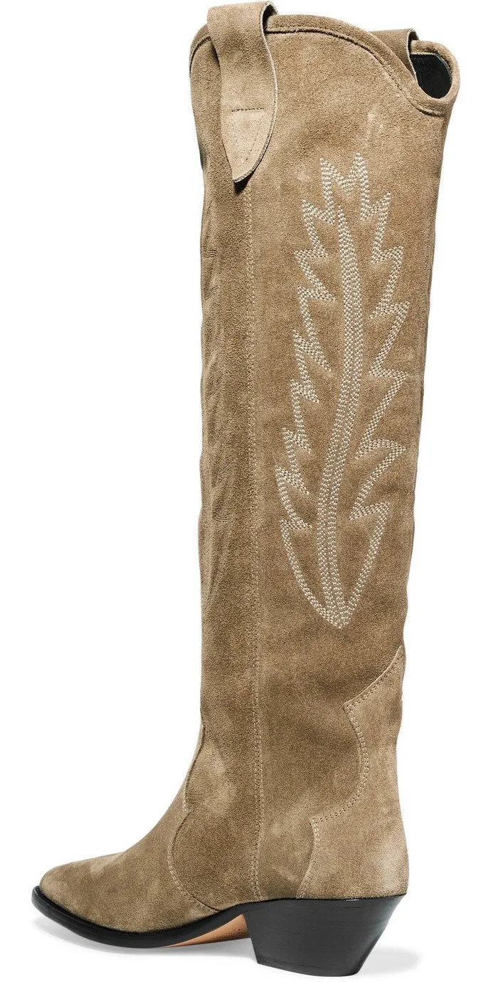 'Denzy' Embroidered Suede Knee Boots, Tan