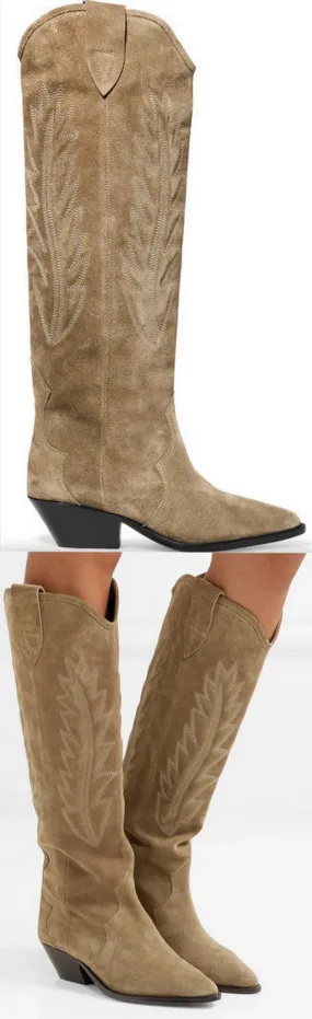 'Denzy' Embroidered Suede Knee Boots, Tan