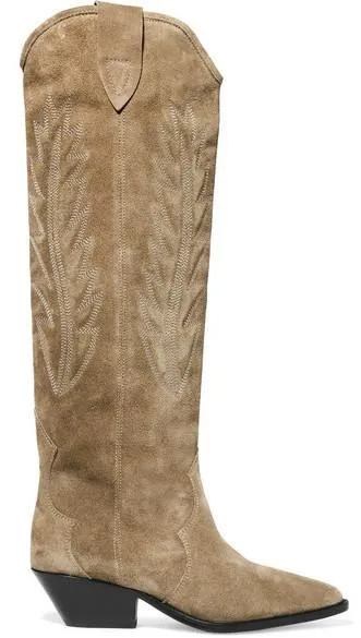 'Denzy' Embroidered Suede Knee Boots, Tan