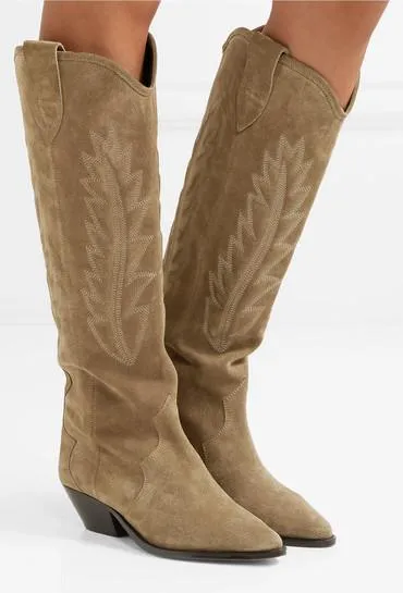 'Denzy' Embroidered Suede Knee Boots, Tan