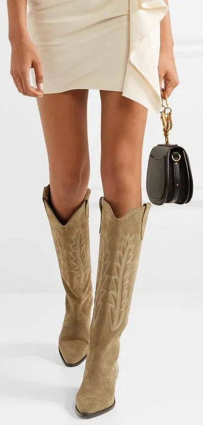 'Denzy' Embroidered Suede Knee Boots, Tan