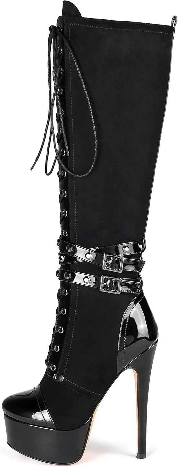 Eldof Women's Knee-High Boots Platform Lace Up High Heeled Stiletto Sexy Boot for Party