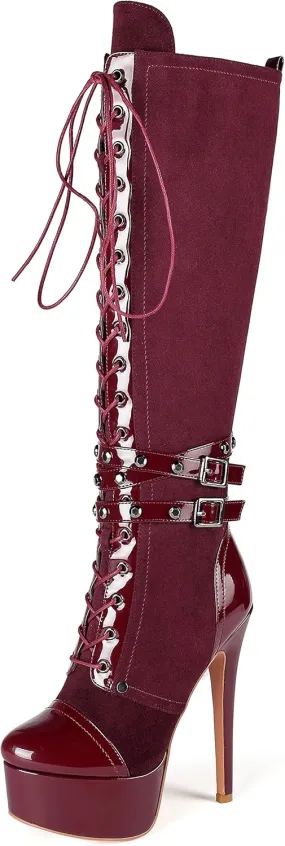 Eldof Women's Knee-High Boots Platform Lace Up High Heeled Stiletto Sexy Boot for Party