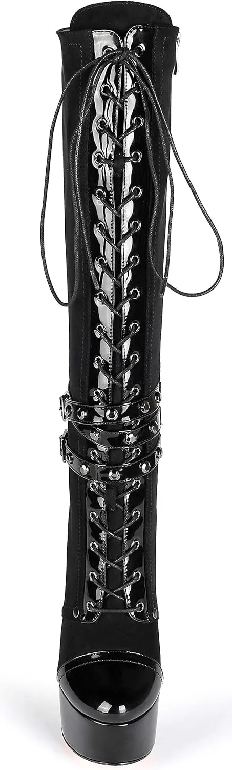 Eldof Women's Knee-High Boots Platform Lace Up High Heeled Stiletto Sexy Boot for Party