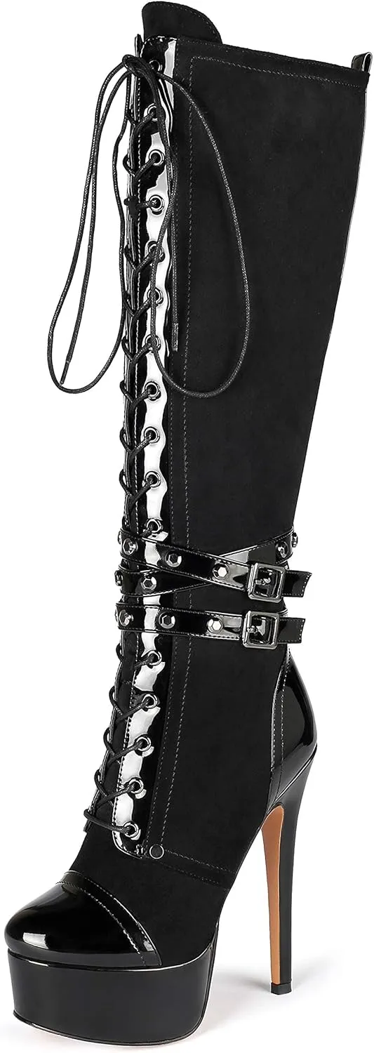 Eldof Women's Knee-High Boots Platform Lace Up High Heeled Stiletto Sexy Boot for Party