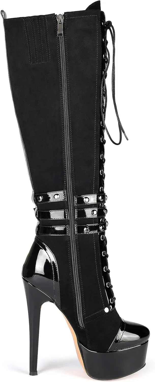 Eldof Women's Knee-High Boots Platform Lace Up High Heeled Stiletto Sexy Boot for Party