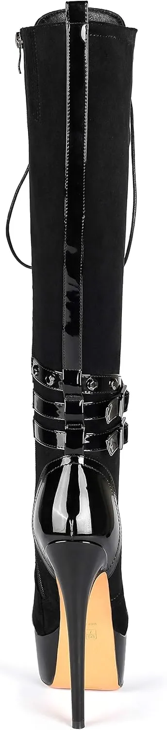 Eldof Women's Knee-High Boots Platform Lace Up High Heeled Stiletto Sexy Boot for Party