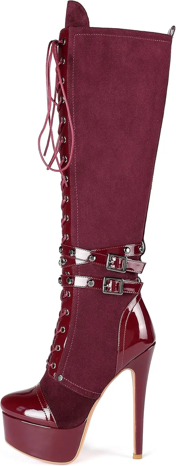 Eldof Women's Knee-High Boots Platform Lace Up High Heeled Stiletto Sexy Boot for Party